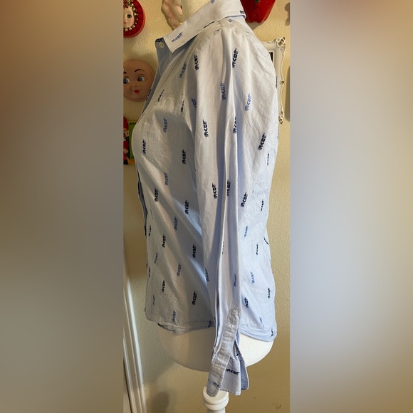 The Shirt by Rochelle Behrens White Button Down Top Blue Love Print Preppy Small - Picture 3 of 7